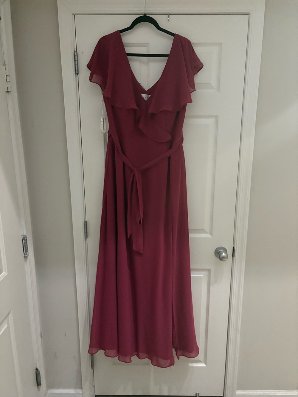 Azazie Burgundy V-Neck Ruffle Wrap Maxi Dress